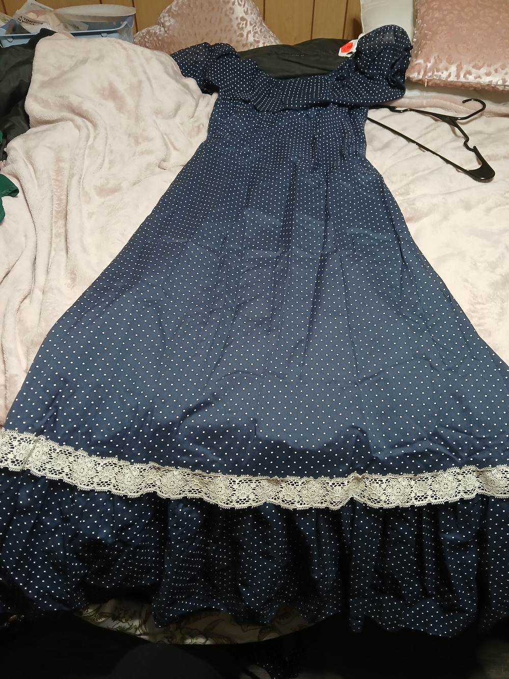 Polka Dot Navy Maxi Dress with Ivory Lace Trim